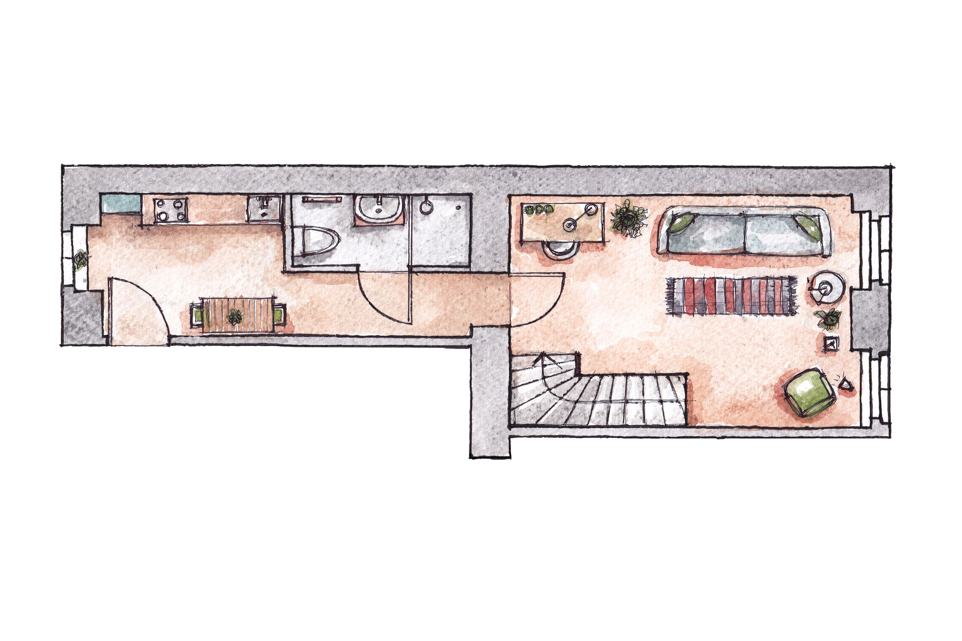 Floor plan of the 31 m² studio with mezzanine bed